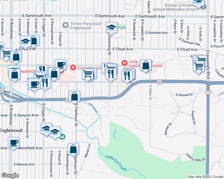 map of restaurants, bars, coffee shops, grocery stores, and more near in Englewood