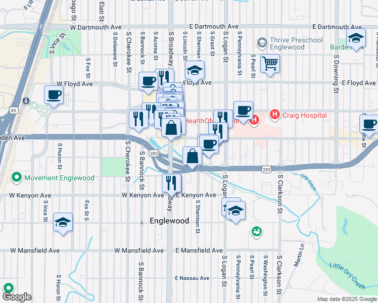 map of restaurants, bars, coffee shops, grocery stores, and more near 3534 South Lincoln Street in Englewood