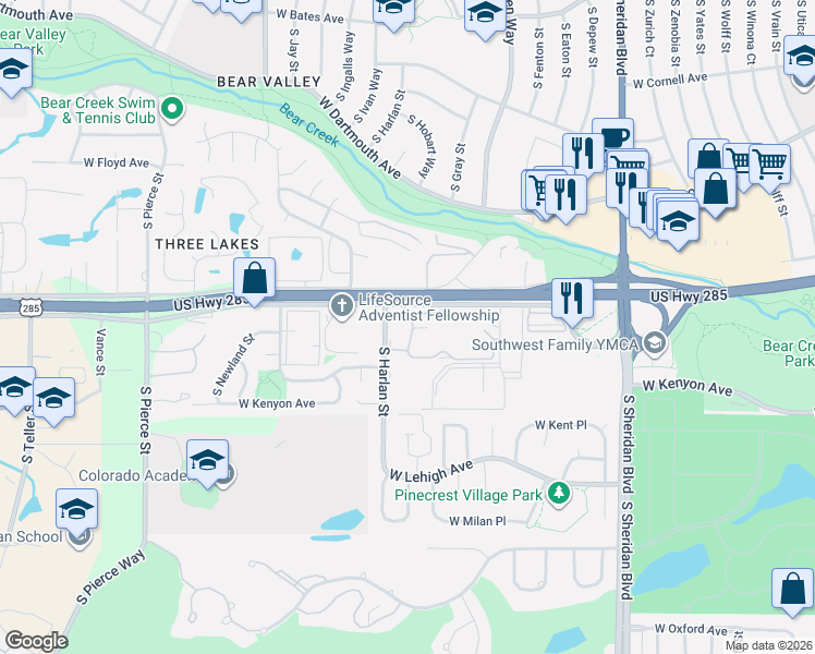 map of restaurants, bars, coffee shops, grocery stores, and more near 3550 South Harlan Street in Denver