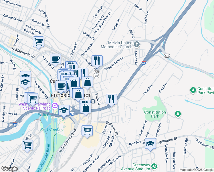 map of restaurants, bars, coffee shops, grocery stores, and more near 308 South Central Avenue in Cumberland