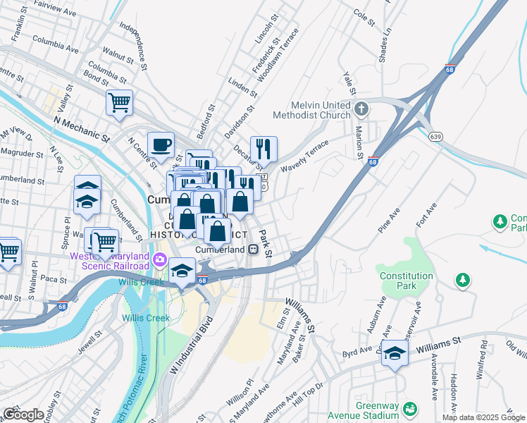 map of restaurants, bars, coffee shops, grocery stores, and more near 205 Baltimore Street in Cumberland