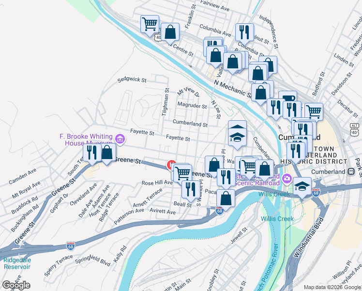 map of restaurants, bars, coffee shops, grocery stores, and more near 418 Fayette Street in Cumberland