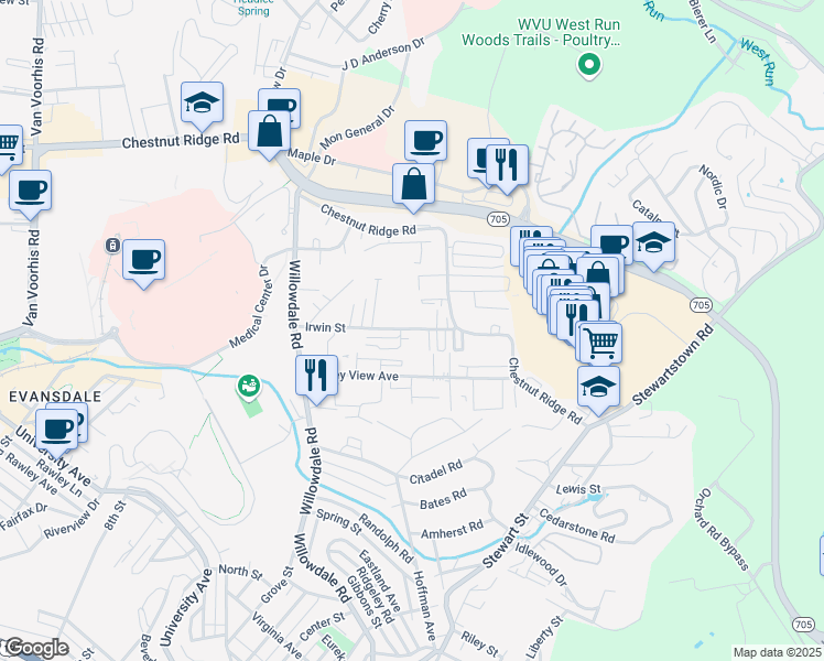 map of restaurants, bars, coffee shops, grocery stores, and more near 1019 Saint Paul's Lane in Morgantown