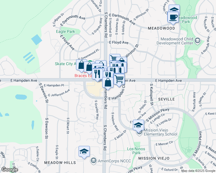 map of restaurants, bars, coffee shops, grocery stores, and more near 15340 East Hampden Avenue in Aurora