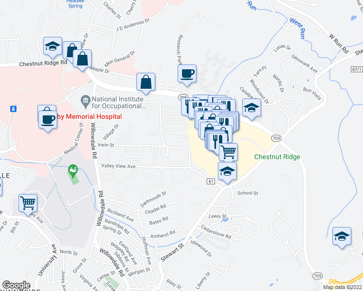 map of restaurants, bars, coffee shops, grocery stores, and more near 1011 Chestnut Ridge Road in Morgantown