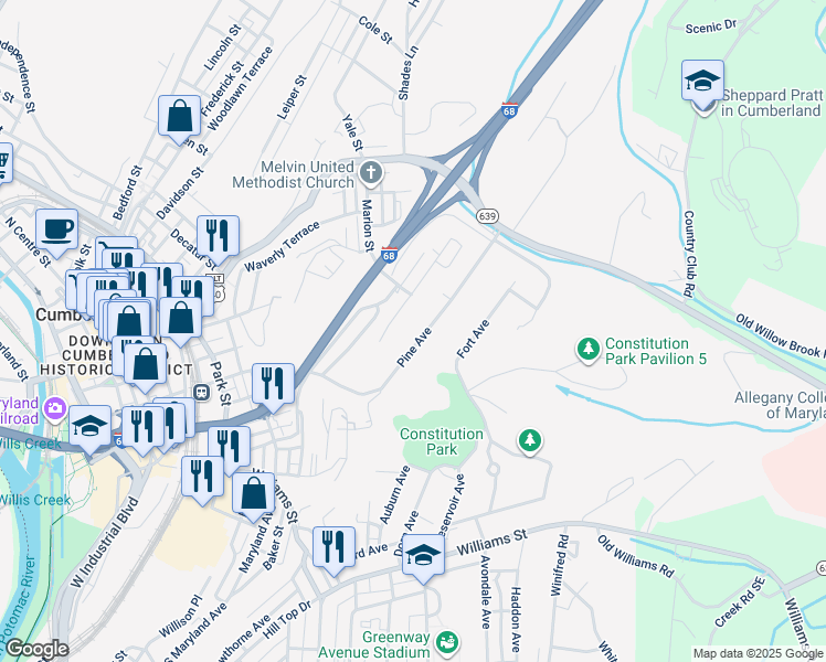 map of restaurants, bars, coffee shops, grocery stores, and more near 440 Pine Ave in Cumberland