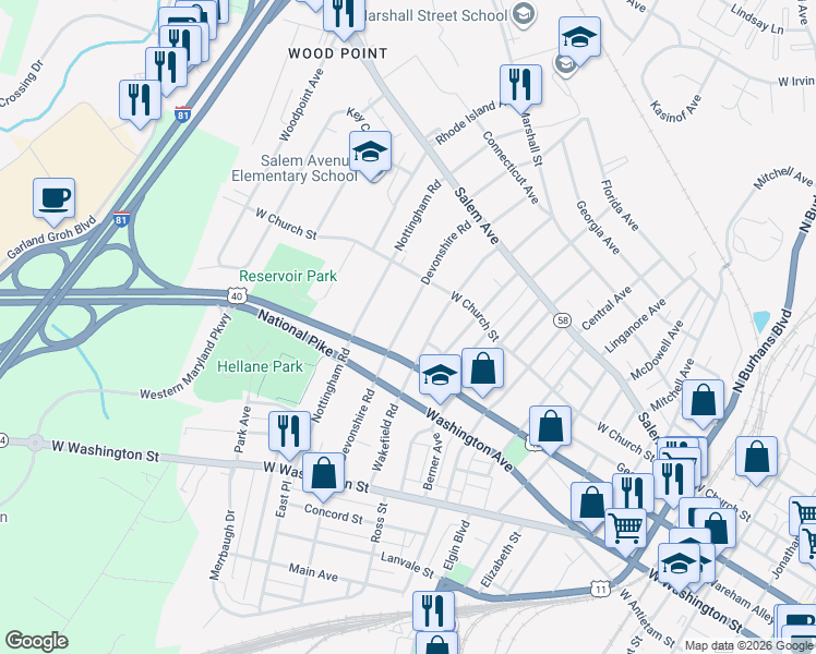 map of restaurants, bars, coffee shops, grocery stores, and more near 204 Devonshire Road in Hagerstown