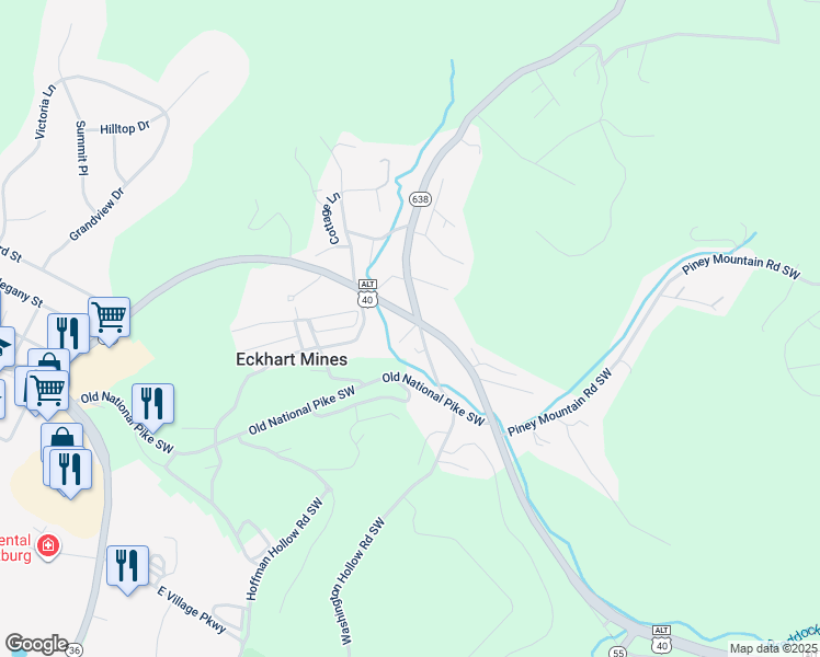 map of restaurants, bars, coffee shops, grocery stores, and more near 10003 Stone House Lane Southwest in Frostburg