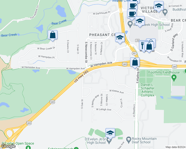 map of restaurants, bars, coffee shops, grocery stores, and more near 3502 South Nelson Circle in Denver