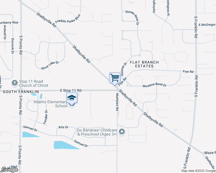 map of restaurants, bars, coffee shops, grocery stores, and more near 7719 Shelbyville Road in Indianapolis
