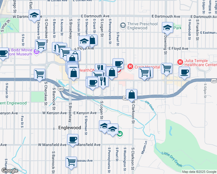 map of restaurants, bars, coffee shops, grocery stores, and more near 3539 South Pennsylvania Street in Englewood