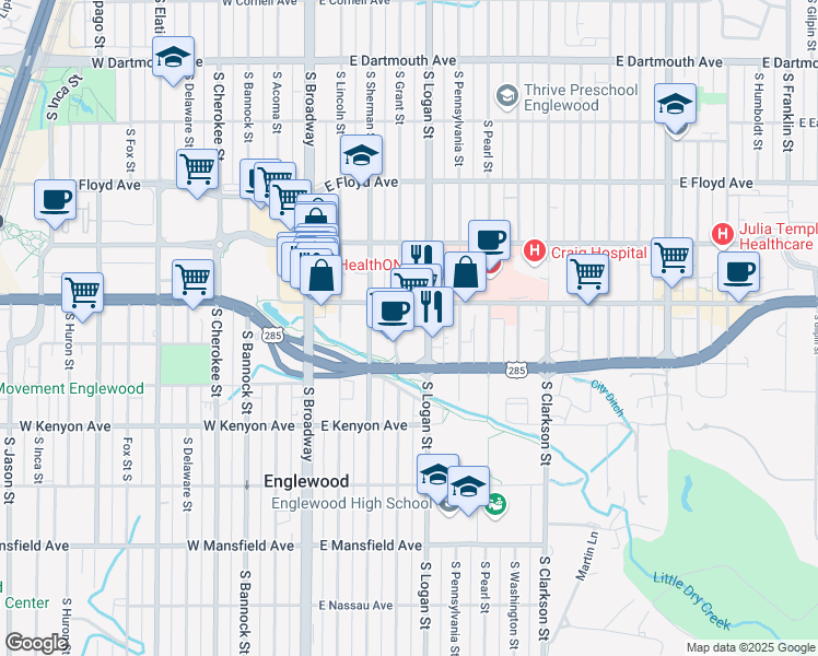 map of restaurants, bars, coffee shops, grocery stores, and more near 3531 South Logan Street in Englewood