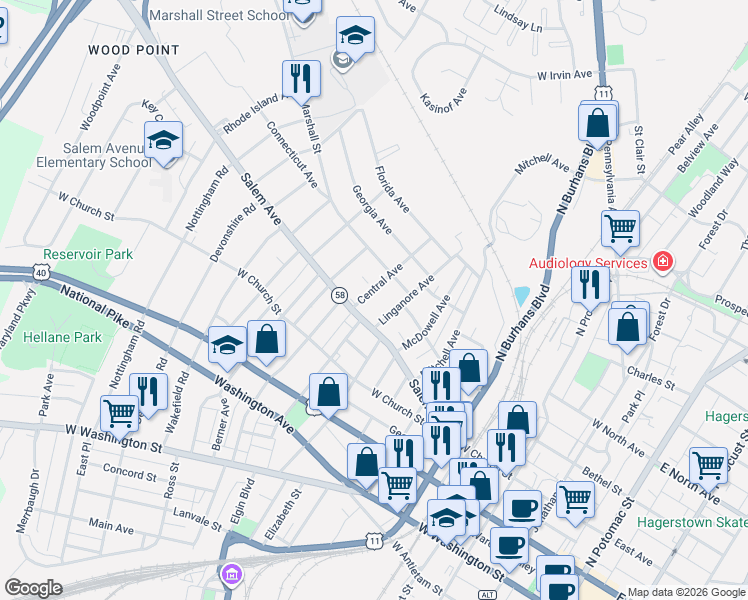 map of restaurants, bars, coffee shops, grocery stores, and more near 328 Central Avenue in Hagerstown