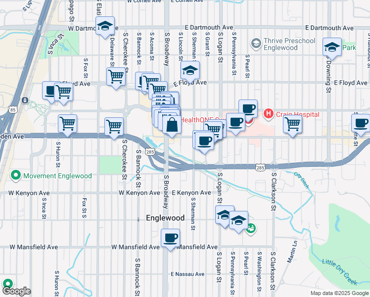 map of restaurants, bars, coffee shops, grocery stores, and more near 3534 South Lincoln Street in Englewood