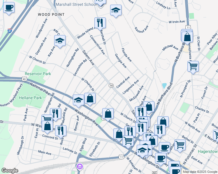 map of restaurants, bars, coffee shops, grocery stores, and more near 349 West Side Avenue in Hagerstown