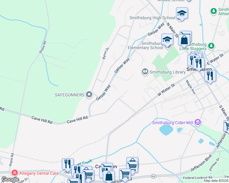 map of restaurants, bars, coffee shops, grocery stores, and more near 105 Rebecca's Court in Smithsburg