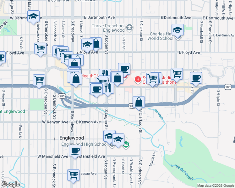 map of restaurants, bars, coffee shops, grocery stores, and more near 3531 South Pennsylvania Street in Englewood