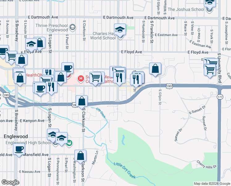 map of restaurants, bars, coffee shops, grocery stores, and more near 3530 South Corona Street in Englewood