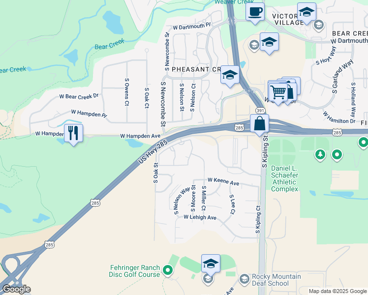 map of restaurants, bars, coffee shops, grocery stores, and more near 3502 South Nelson Circle in Denver