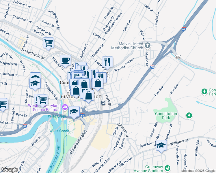 map of restaurants, bars, coffee shops, grocery stores, and more near 205 Baltimore Street in Cumberland