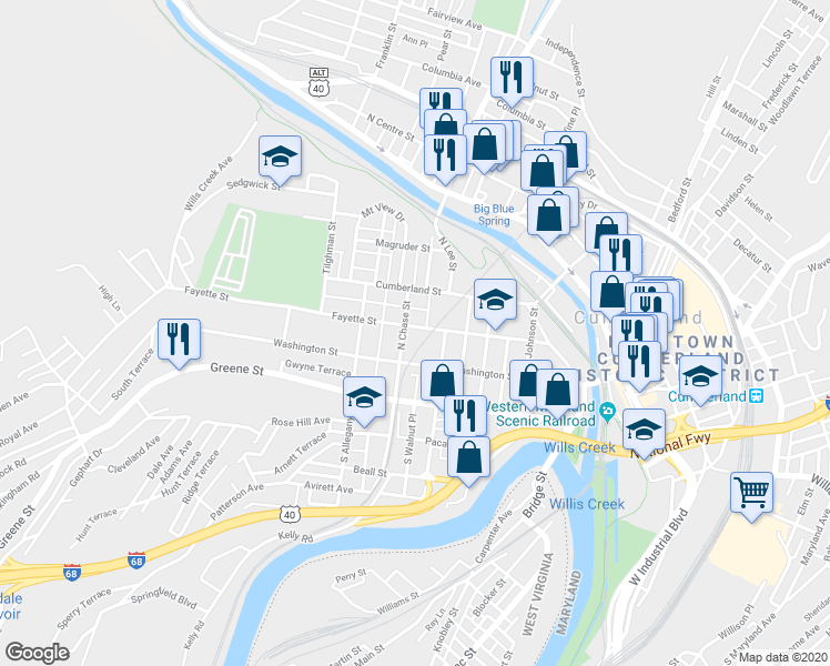 map of restaurants, bars, coffee shops, grocery stores, and more near 320 Fayette Street in Cumberland