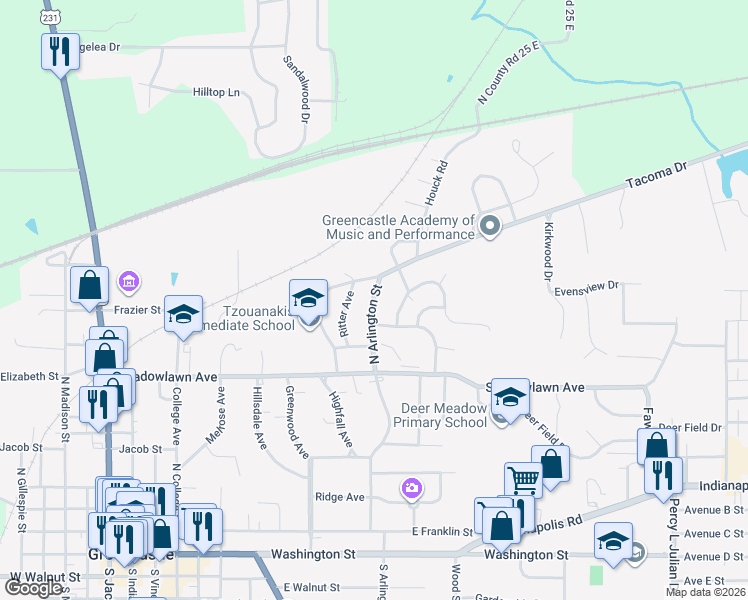 map of restaurants, bars, coffee shops, grocery stores, and more near 512 North Arlington Street in Greencastle