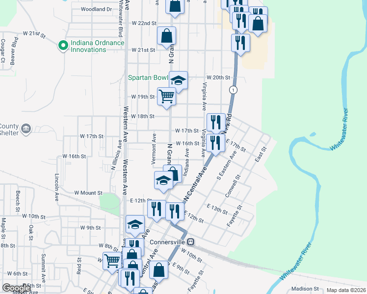 map of restaurants, bars, coffee shops, grocery stores, and more near 1523 Indiana Avenue in Connersville