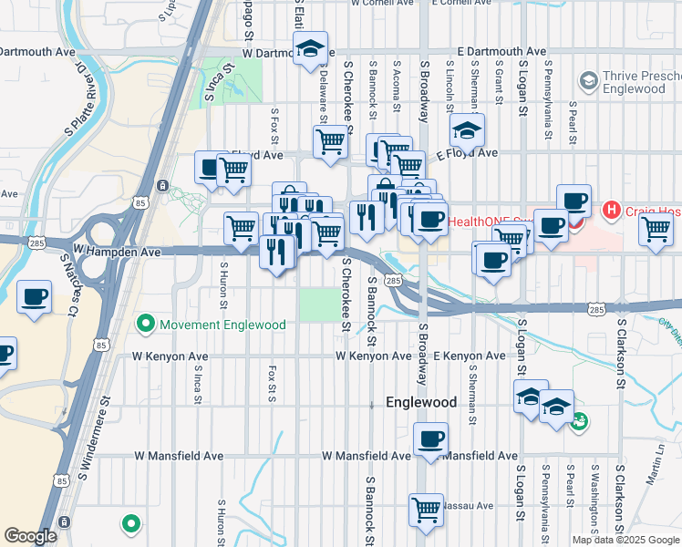 map of restaurants, bars, coffee shops, grocery stores, and more near 3536 South Cherokee Street in Englewood