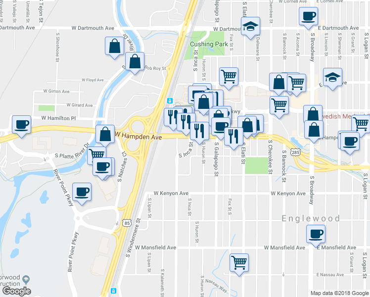 map of restaurants, bars, coffee shops, grocery stores, and more near 3550 South Jason Street in Englewood