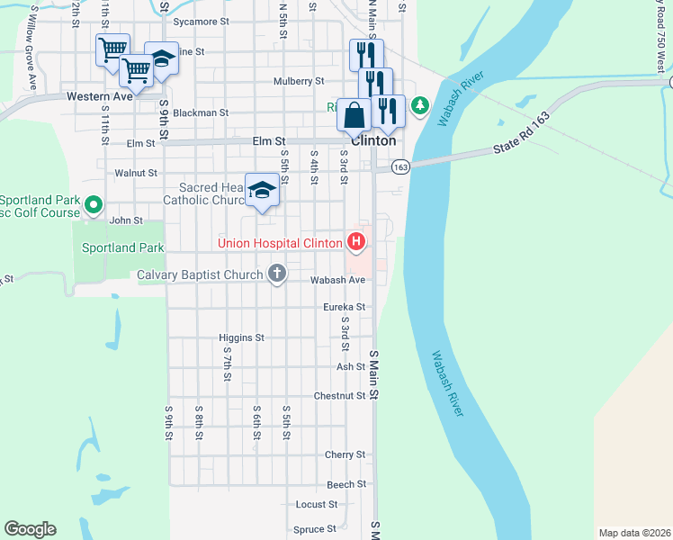map of restaurants, bars, coffee shops, grocery stores, and more near 802 South 4th Street in Clinton