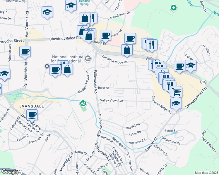 map of restaurants, bars, coffee shops, grocery stores, and more near 985 Valencia Court in Morgantown