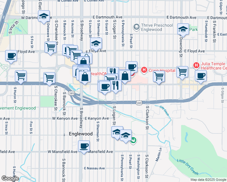 map of restaurants, bars, coffee shops, grocery stores, and more near 3531 South Logan Street in Englewood
