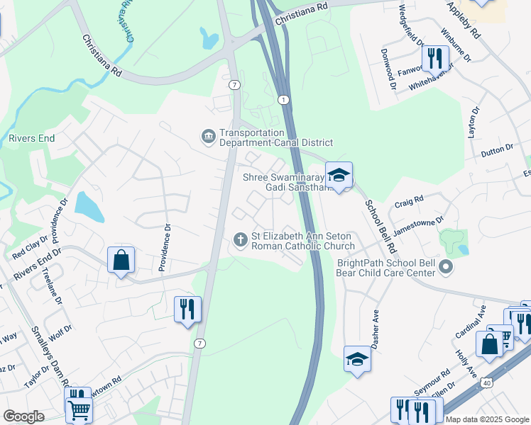 map of restaurants, bars, coffee shops, grocery stores, and more near 2800 Christiana Meadows in Bear