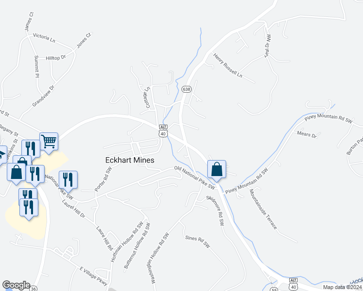 map of restaurants, bars, coffee shops, grocery stores, and more near 10003 Stone House Lane Southwest in Frostburg