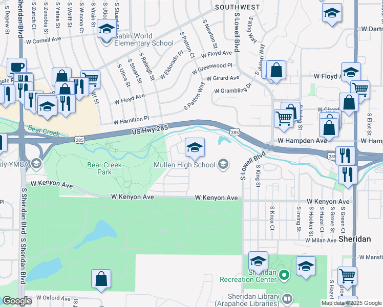 map of restaurants, bars, coffee shops, grocery stores, and more near 4303 West Kenyon Avenue in Denver