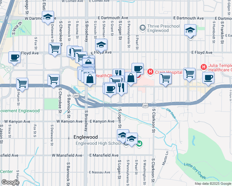 map of restaurants, bars, coffee shops, grocery stores, and more near 3531 South Logan Street in Englewood