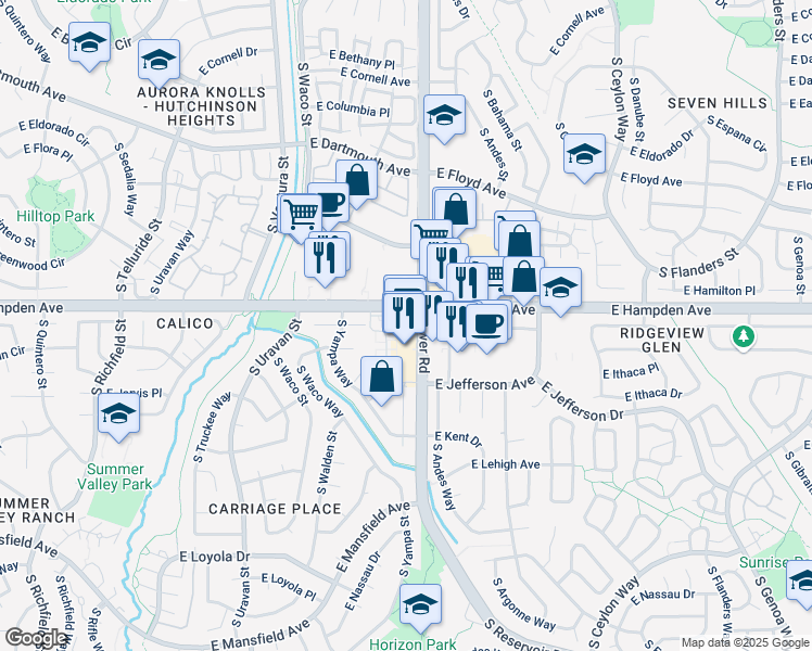 map of restaurants, bars, coffee shops, grocery stores, and more near 3510 South Zeno Court in Aurora