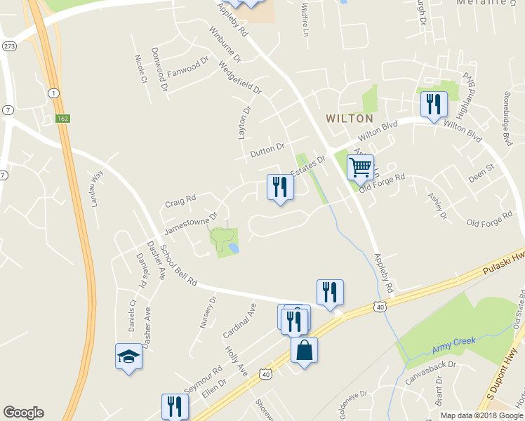 map of restaurants, bars, coffee shops, grocery stores, and more near 1054 Old Forge Road in New Castle