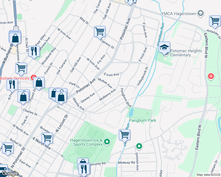 map of restaurants, bars, coffee shops, grocery stores, and more near 43 McKee Avenue in Hagerstown