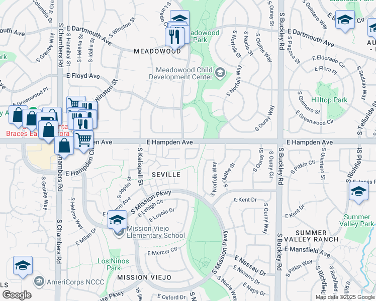 map of restaurants, bars, coffee shops, grocery stores, and more near 3530 South Lewiston Way in Aurora