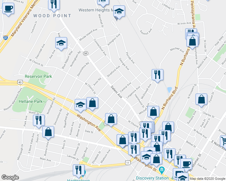 map of restaurants, bars, coffee shops, grocery stores, and more near 353 West Side Avenue in Hagerstown