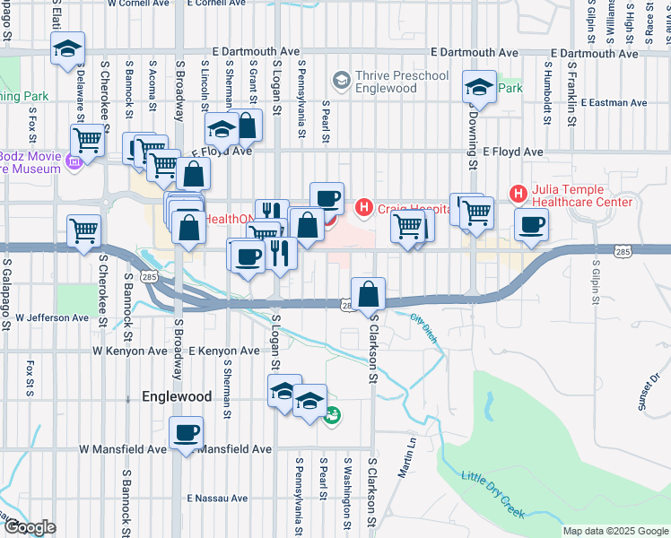 map of restaurants, bars, coffee shops, grocery stores, and more near 3540 South Pearl Street in Englewood
