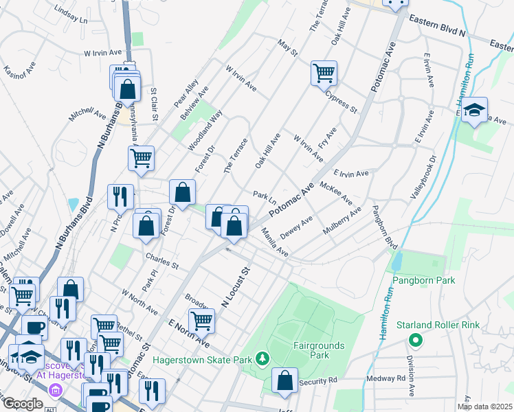 map of restaurants, bars, coffee shops, grocery stores, and more near 811 Hamilton Boulevard in Hagerstown