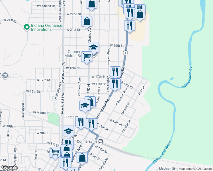 map of restaurants, bars, coffee shops, grocery stores, and more near 209 West 16th Street in Connersville