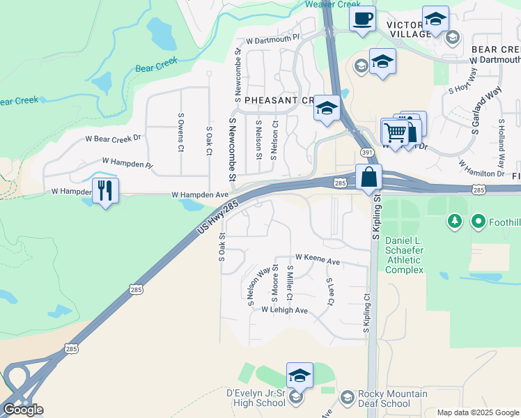map of restaurants, bars, coffee shops, grocery stores, and more near 3502 South Nelson Circle in Denver