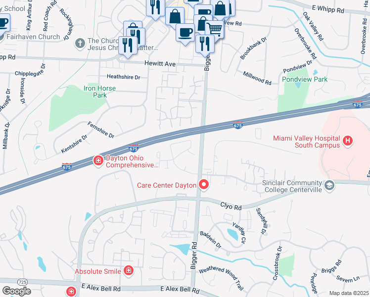 map of restaurants, bars, coffee shops, grocery stores, and more near 233 Carters Grove Road in Dayton