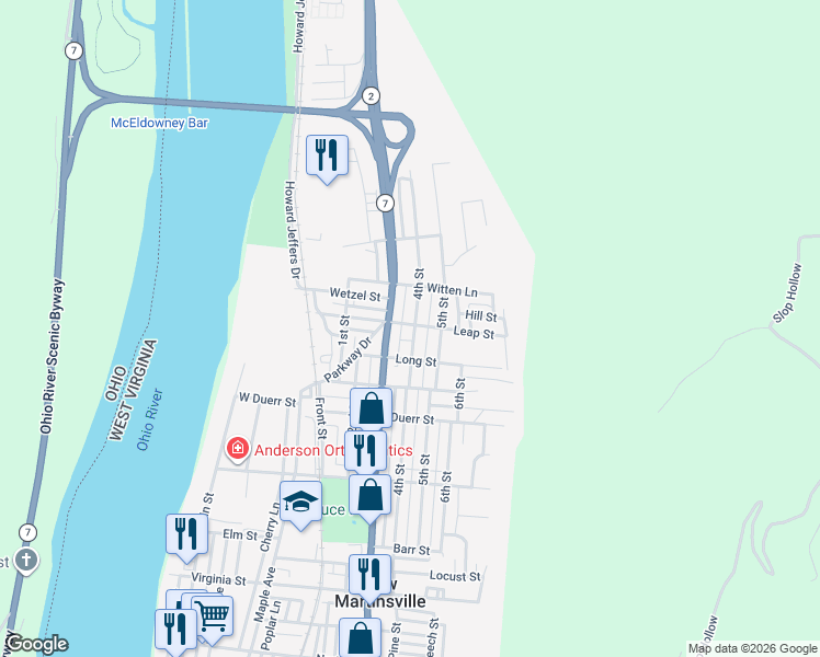map of restaurants, bars, coffee shops, grocery stores, and more near 328-334 Leap Street in New Martinsville