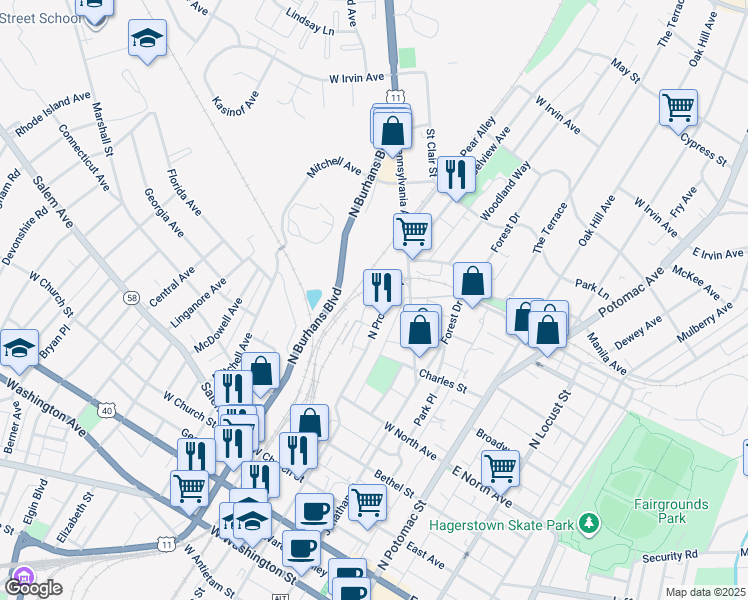 map of restaurants, bars, coffee shops, grocery stores, and more near 655 North Prospect Street in Hagerstown