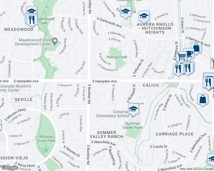 map of restaurants, bars, coffee shops, grocery stores, and more near 17127 East Ithaca Circle in Aurora