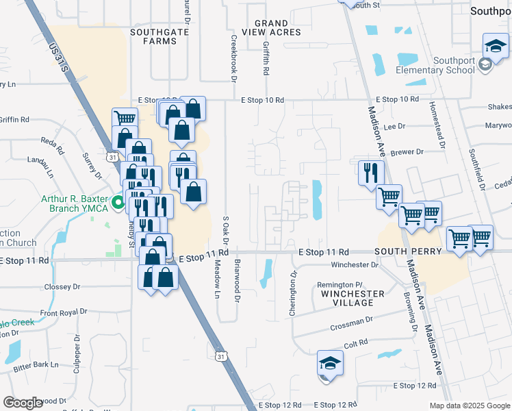 map of restaurants, bars, coffee shops, grocery stores, and more near 7820 Red Clover Drive in Indianapolis